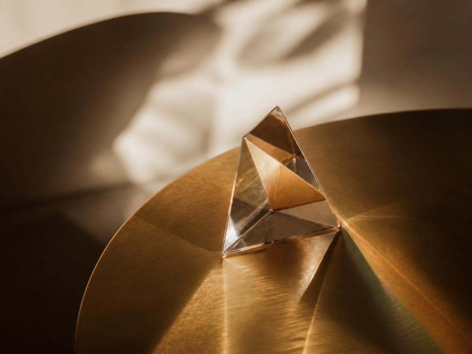 Glass prism refracting light on brushed brass